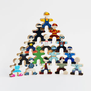 Flockmen stacked in a pyramid with the character personalisation stickers